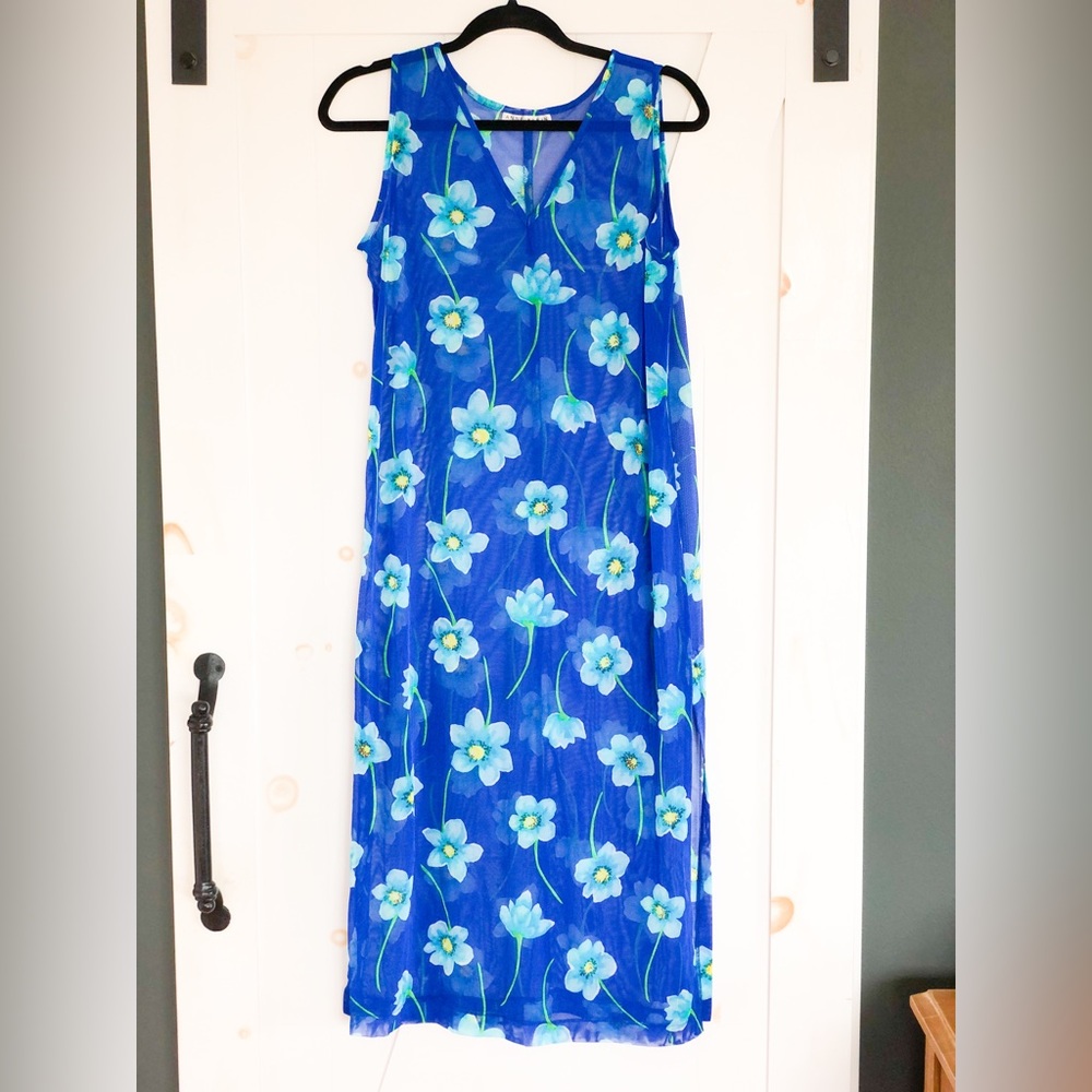 VTG Y2K Anne Klein tropical sheer mesh maxi midi dress w side slit vents coverup